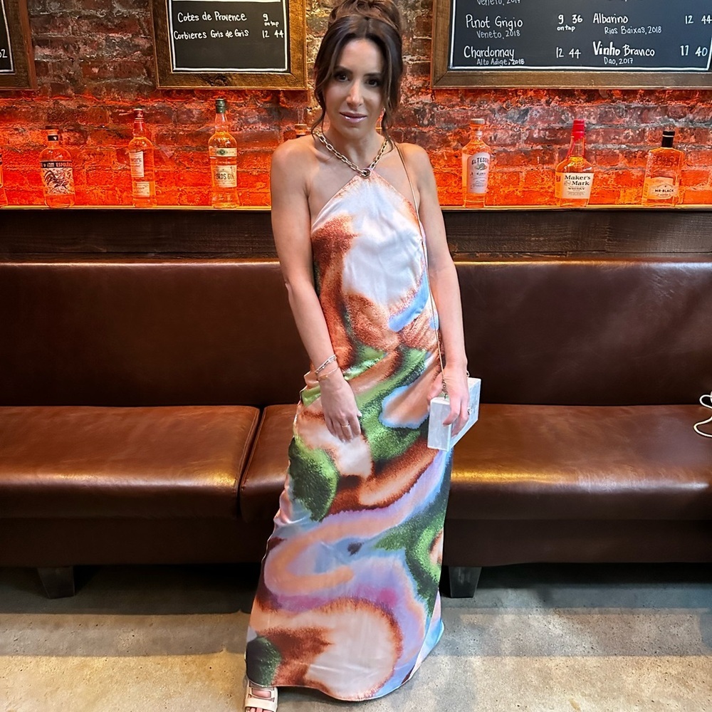 Printed colorful gown with fake gold chain straps size XS worn once